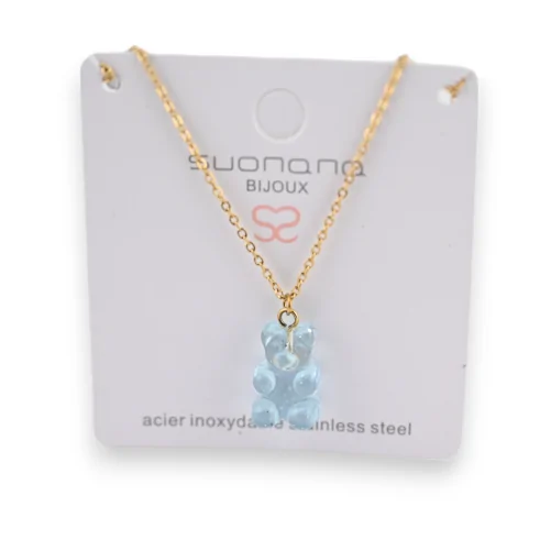 Translucent sky blue steel teddy bear candy necklace