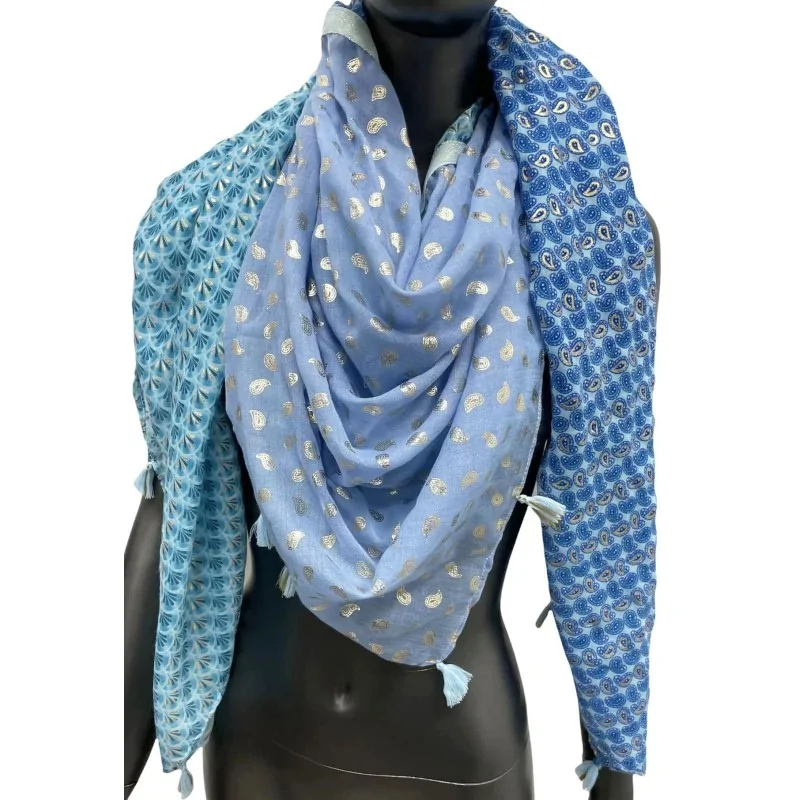 Foulard carré patchwork 4 faces nuances bleu