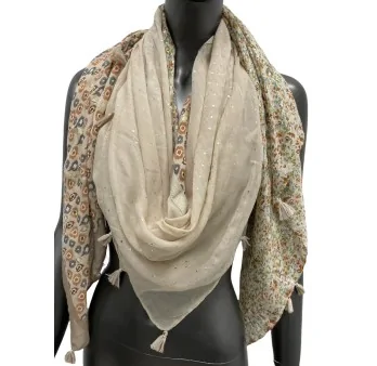 Patchwork square scarf with 4 sides in shades of beige