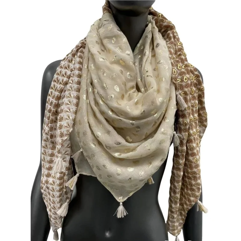 Square patchwork scarf in beige tones