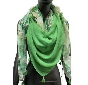 Foulard quadrato patchwork stampato ginko e zigzag verde