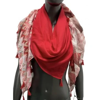 Foulard quadrato patchwork stampato con motivo di ginko e zigzag rosso