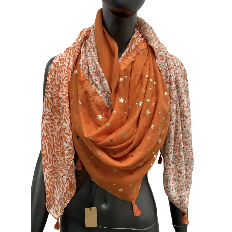 Foulard cuadrado patchwork estampado de hojas y liberty naranja