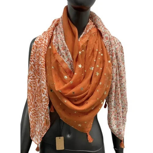 Square patchwork scarf with printed foliage and orange liberty