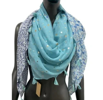 Square patchwork scarf printed with foliage and blue Liberty