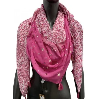 Foulard carré patchwork imprimé feuillage et liberty fuschia