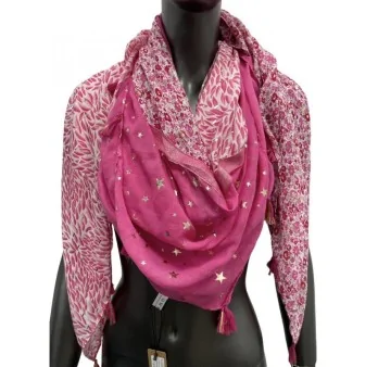Square patchwork scarf printed with foliage and fuchsia liberty
