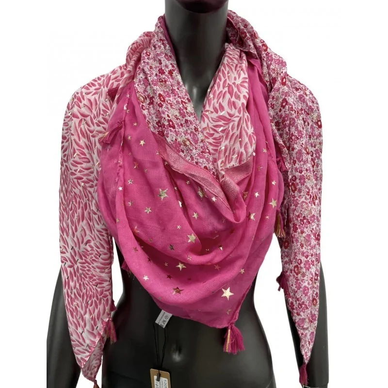 Foulard carré patchwork imprimé feuillage et liberty fuschia