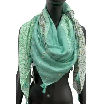Square patchwork scarf printed with foliage and Liberty print in Aqua Green