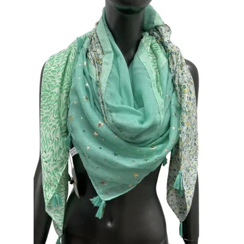 Square patchwork scarf printed with foliage and Liberty print in Aqua Green