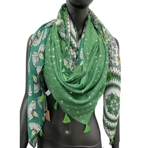 Square patchwork scarf with printed flowers and green peacock tail