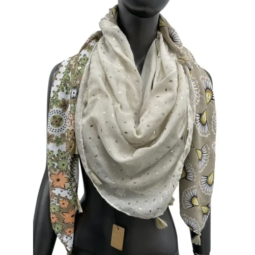 Square patchwork scarf printed with flowers and beige peacock tail