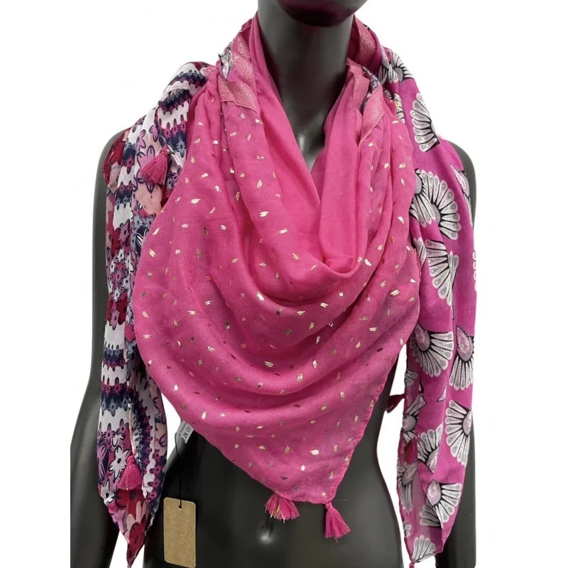 Square patchwork scarf with floral and fuchsia peacock print