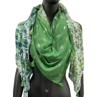 Square patchwork scarf with printed cashmere and green liberty