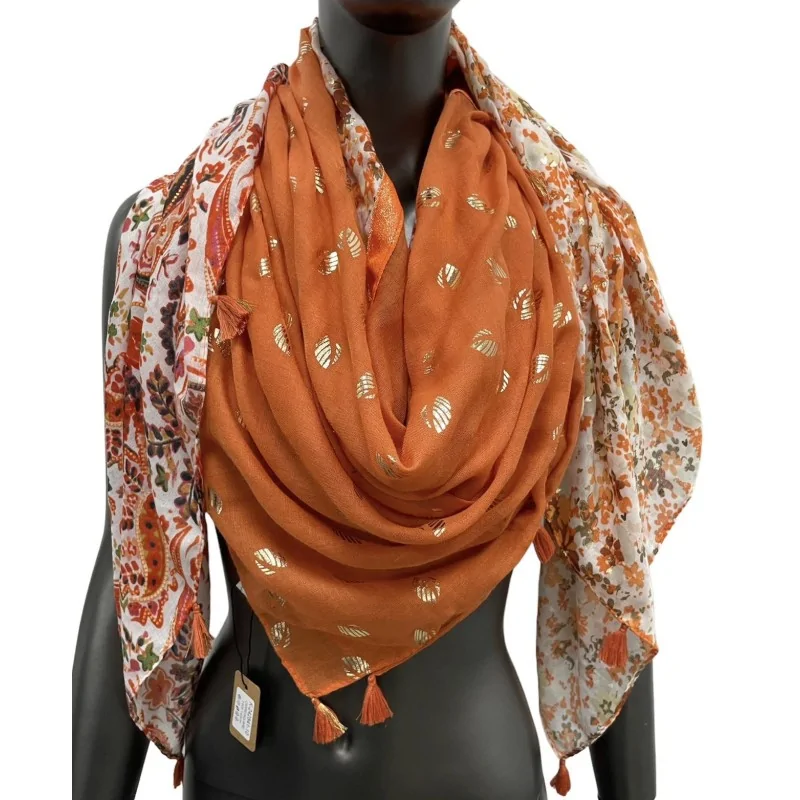 Square patchwork scarf with printed cashmere and orange liberty