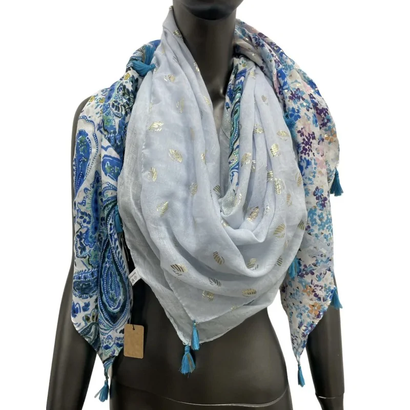 Foulard carré patchwork imprimé cachemire et liberty bleu