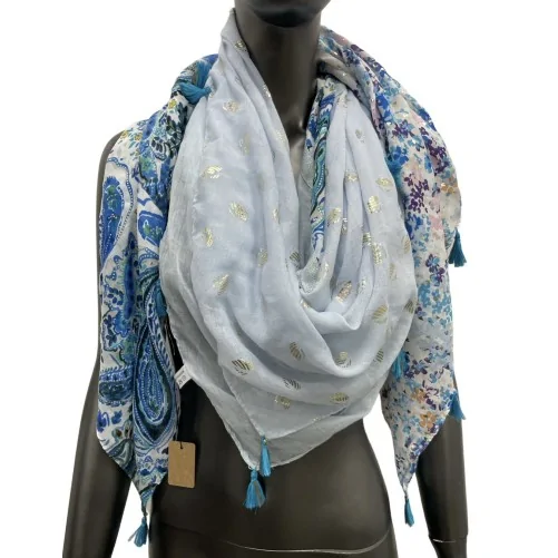 Patchwork square scarf printed with blue cashmere and liberty