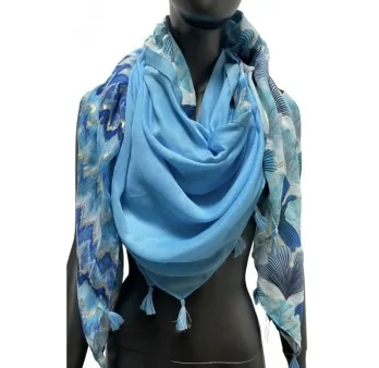 Square scarf with patchwork print of ginko and blue chevron