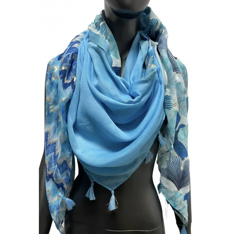 Square scarf with patchwork print of ginko and blue chevron