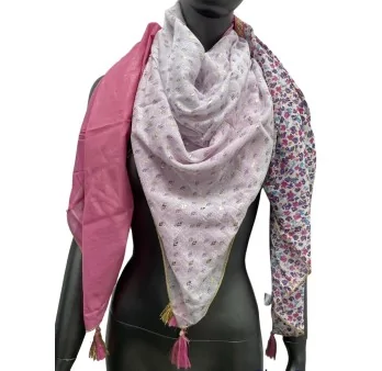 Square patchwork scarf with Liberty print and pink fan
