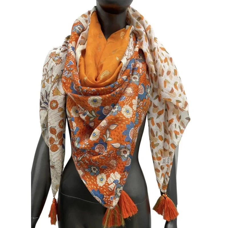 Square patchwork scarf with orange stains and flowers print