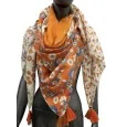 Square patchwork scarf with orange stains and flowers print