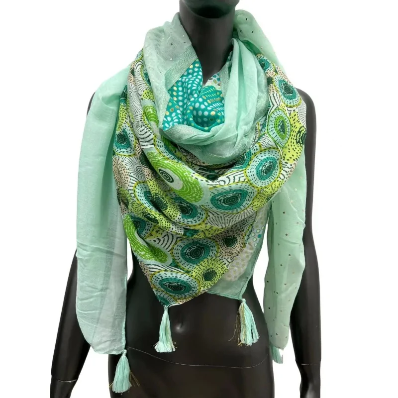 Foulard carré patchwork imprimé cercles et pois vert d'eau