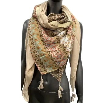 Beige and brown ethnic patchwork square scarf