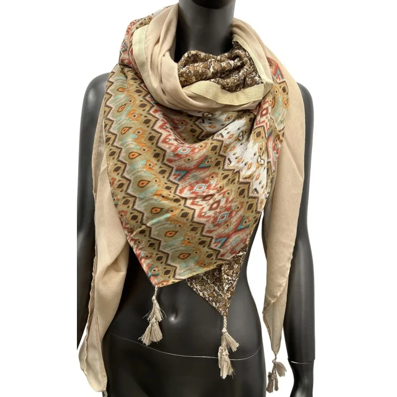 Foulard carré patchwork ethnique beige et marron