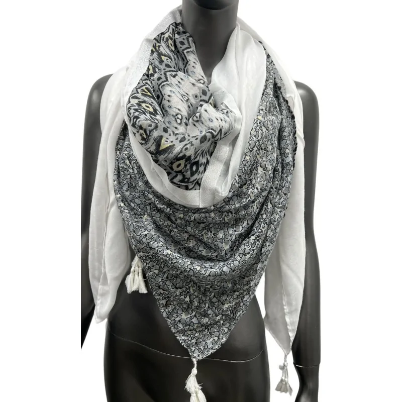 Foulard carré patchwork ethnique et bulles noir et blanc