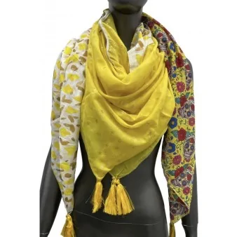 Bright yellow square scarf with patchwork print of flowers and skull heads