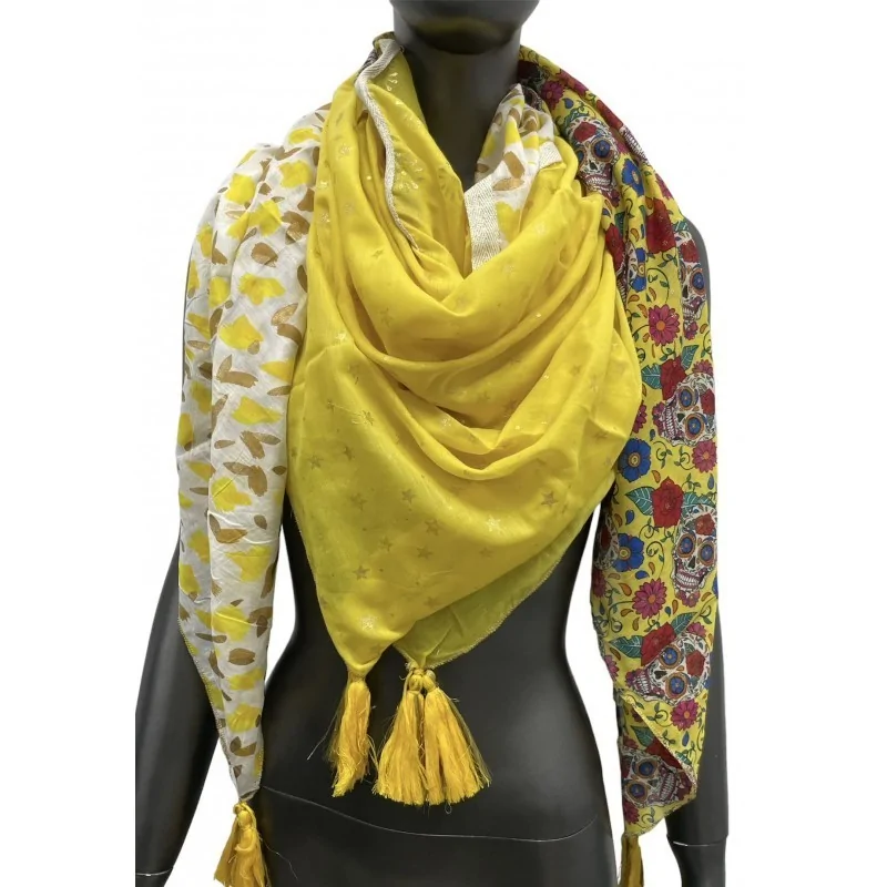 Foulard carré patchwork imprimé fleurs et tête de morts jaune vif