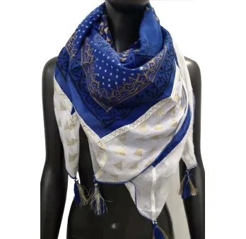 Foulard quadrato a pois con dettagli dorati blu e bianco