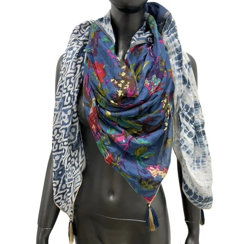 Foulard patchwork ethnique et fleurs Bleu marine