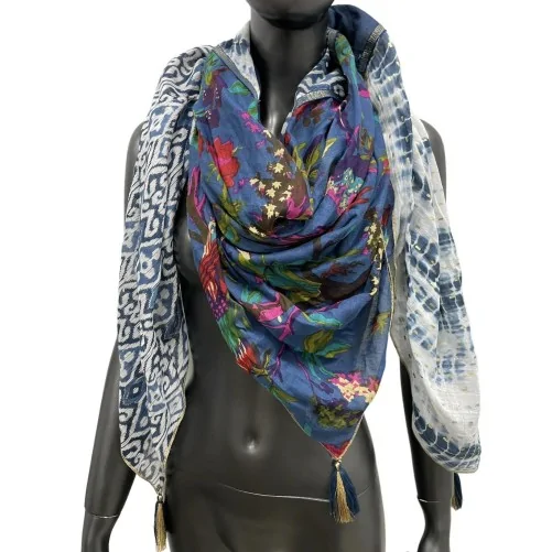 Patchwork ethnic scarf and Navy blue flowers