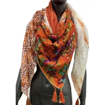 Foulard patchwork ethnique et fleurs orange