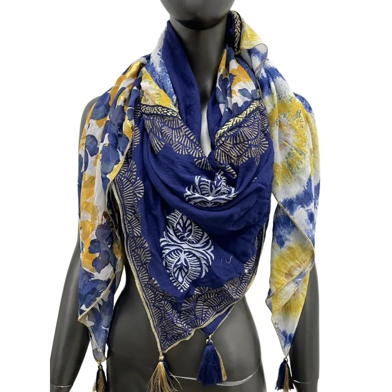 Foulard patchwork fleurs et cercles jaune et bleu