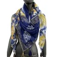 Foulard patchwork fleurs et cercles jaune et bleu