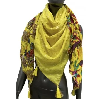 Bright yellow patchwork scarf with flowers and stars