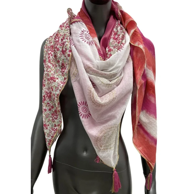 Foulard patchwork tie & dye e liberty lampone