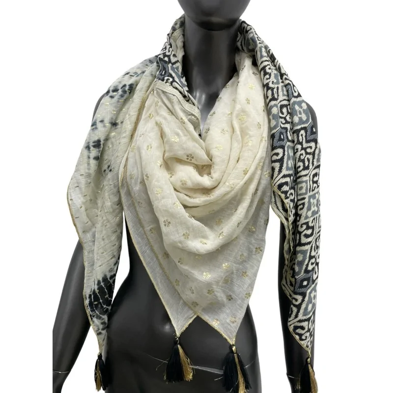 Foulard patchwork tie & dye ed etnico in nero e bianco rotti