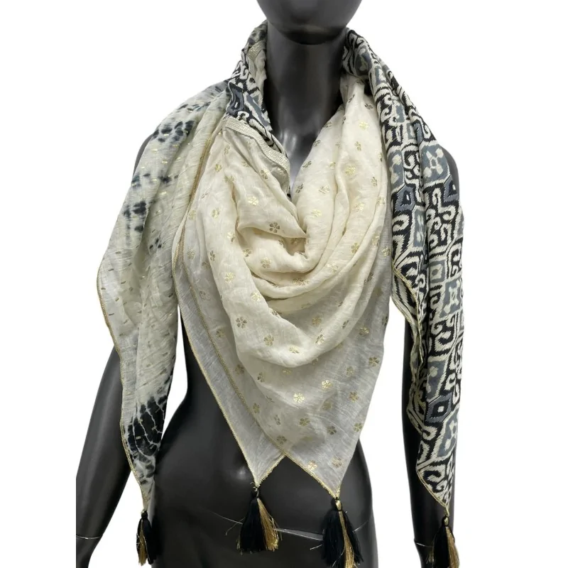 Patchwork scarf tie & dye and ethnic black and off-white