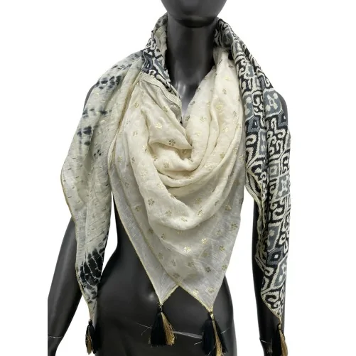 Foulard patchwork tie & dye et ethnique noir et blanc cassé