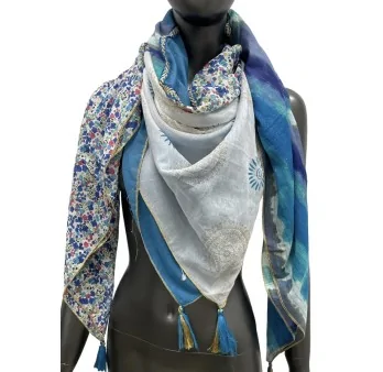 Patchwork Schal im Tie & Dye und Liberty-Stil in Jeansblau