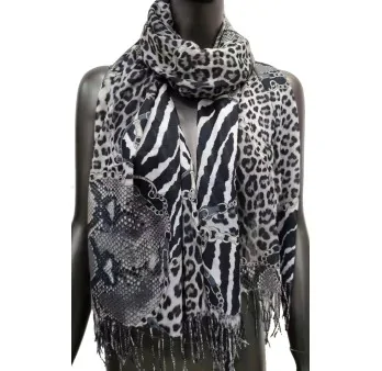 Printed scarf with animal skins and black and white chains