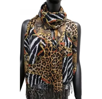 Foulard stampato con pelli animali e catene marroni