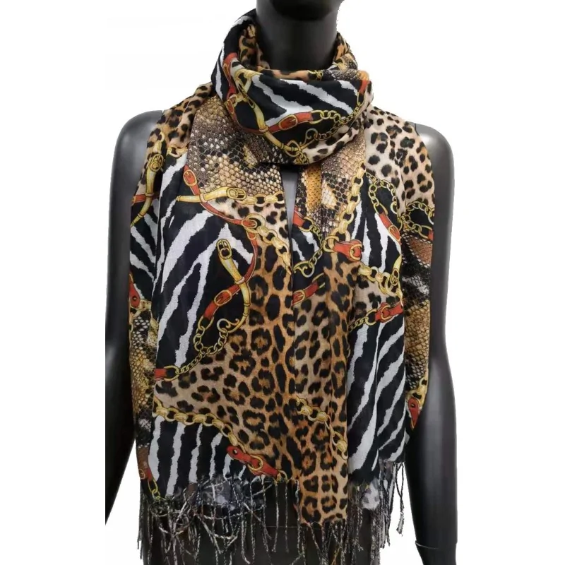 Foulard imprimé peaux animales et chaînes marron