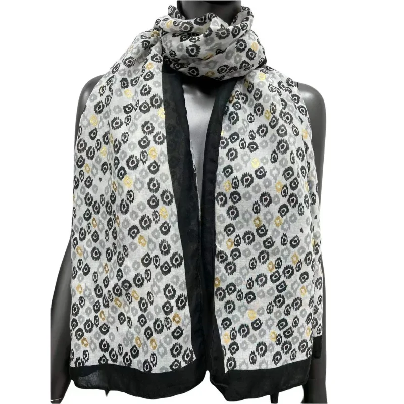 Foulard ethnique à détails dorés blanc et noir