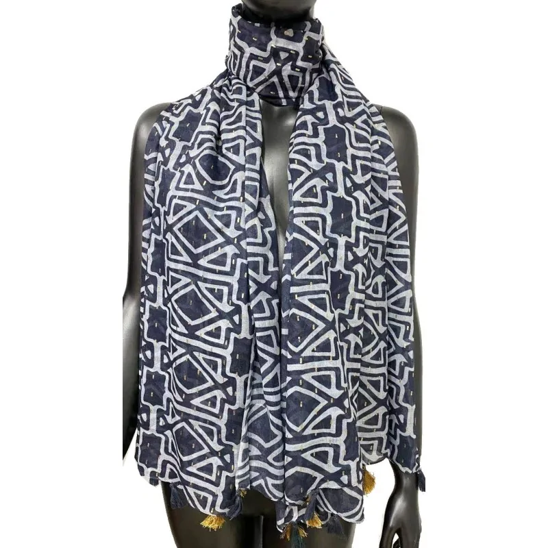 Navy blue ethnic scarf with golden stripes