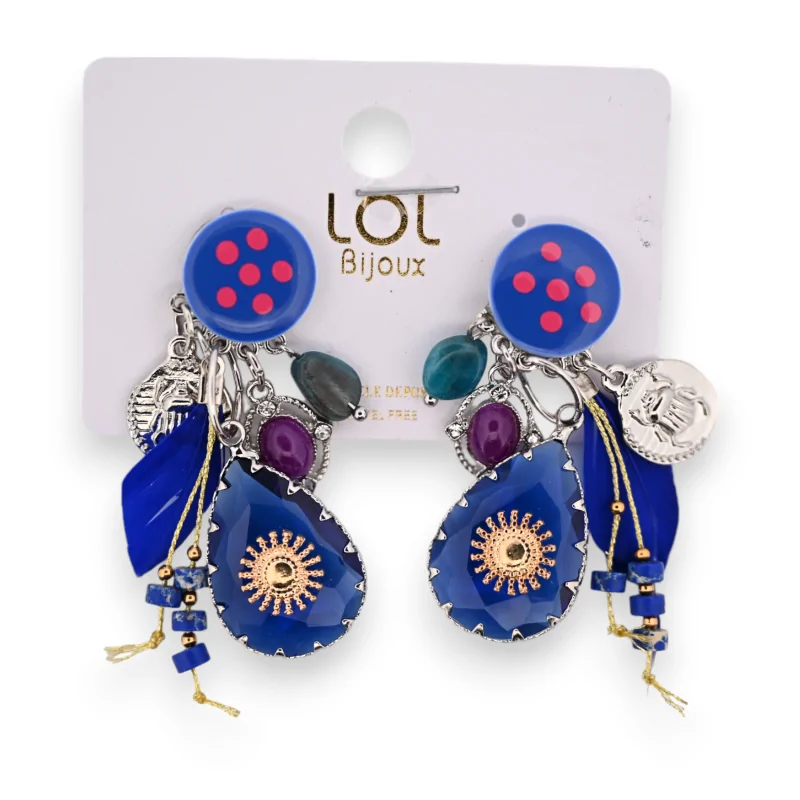 Orecchini fantasia a clip con charms blu reale